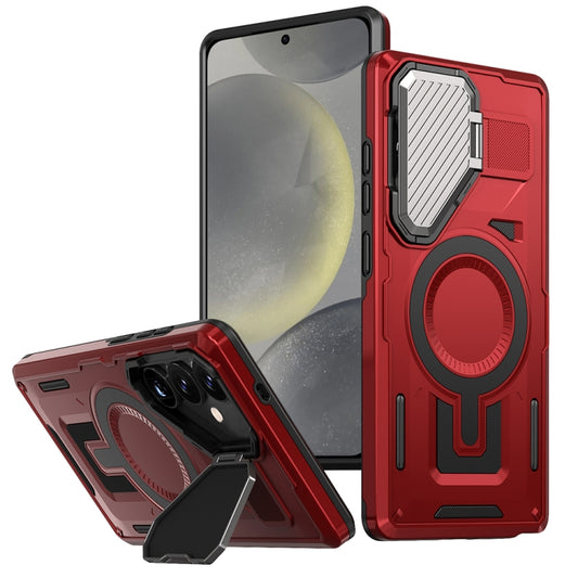 For Samsung Galaxy S25 5G Shield Frame Holder MagSafe Phone Case(Red) by buy2fix