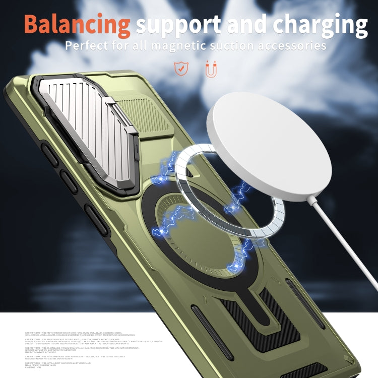 For Samsung Galaxy S25+ 5G Shield Frame Holder MagSafe Phone Case(Olive Green) by buy2fix