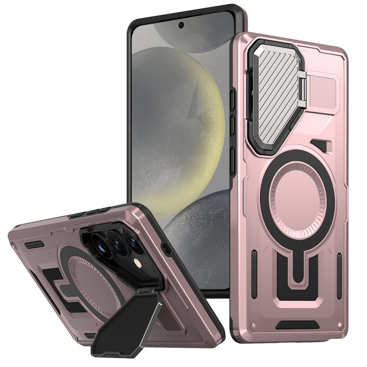 For Samsung Galaxy S25+ 5G Shield Frame Holder MagSafe Phone Case(Rose Gold) by buy2fix