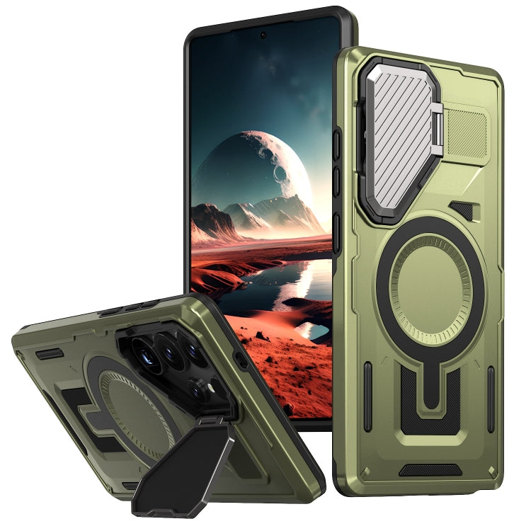 For Samsung Galaxy S25 Ultra 5G Shield Frame Holder MagSafe Phone Case(Olive Green) by buy2fix