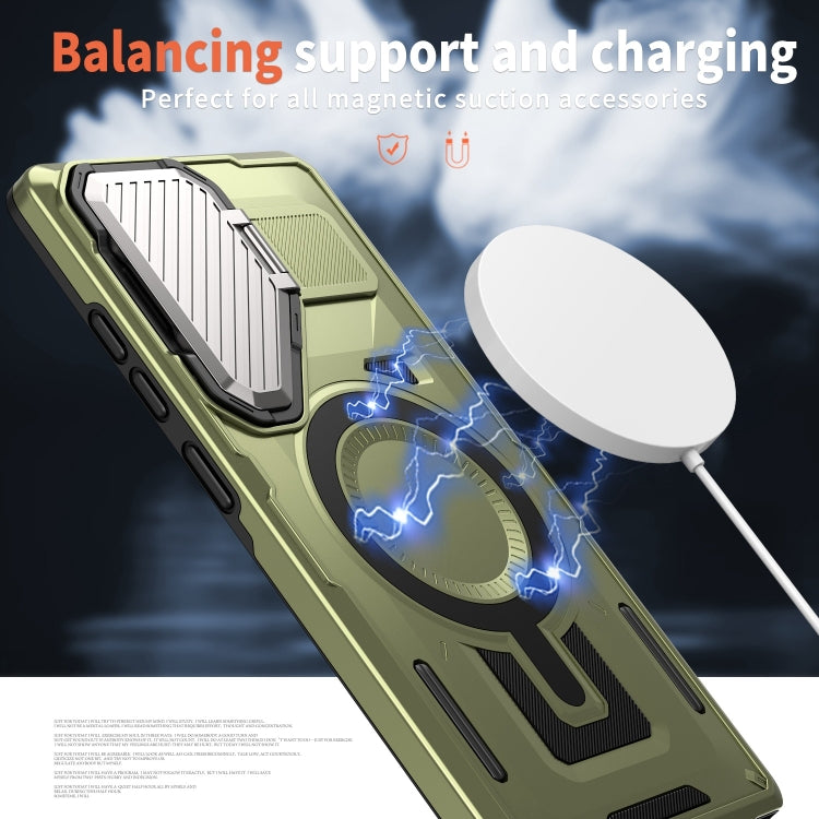 For Samsung Galaxy S25 Ultra 5G Shield Frame Holder MagSafe Phone Case(Olive Green) by buy2fix