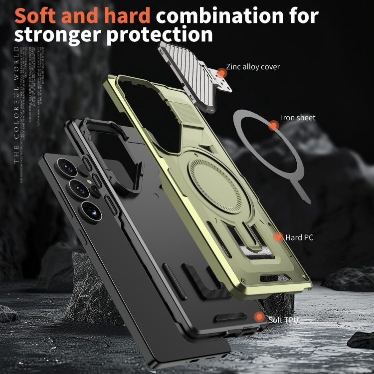 For Samsung Galaxy S25 Ultra 5G Shield Frame Holder MagSafe Phone Case(Olive Green) by buy2fix