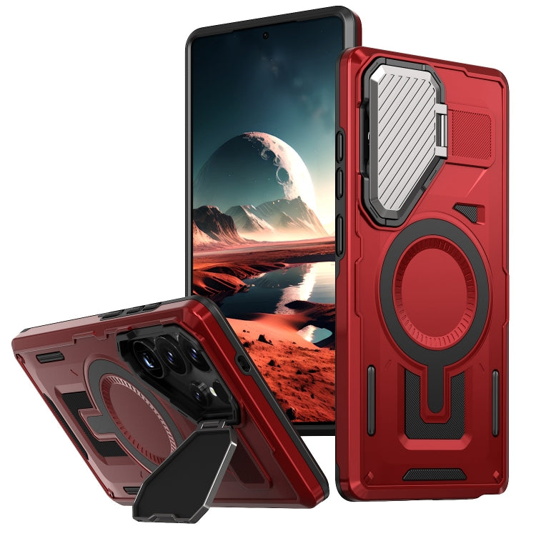 For Samsung Galaxy S25 Ultra 5G Shield Frame Holder MagSafe Phone Case(Red) by buy2fix