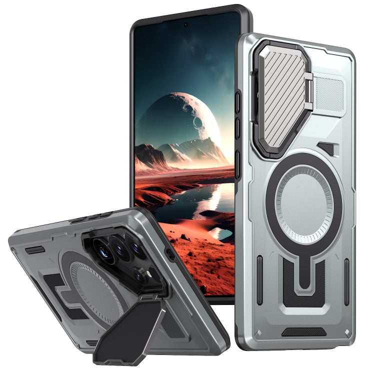 For Samsung Galaxy S25 Ultra 5G Shield Frame Holder MagSafe Phone Case(Grey) by buy2fix