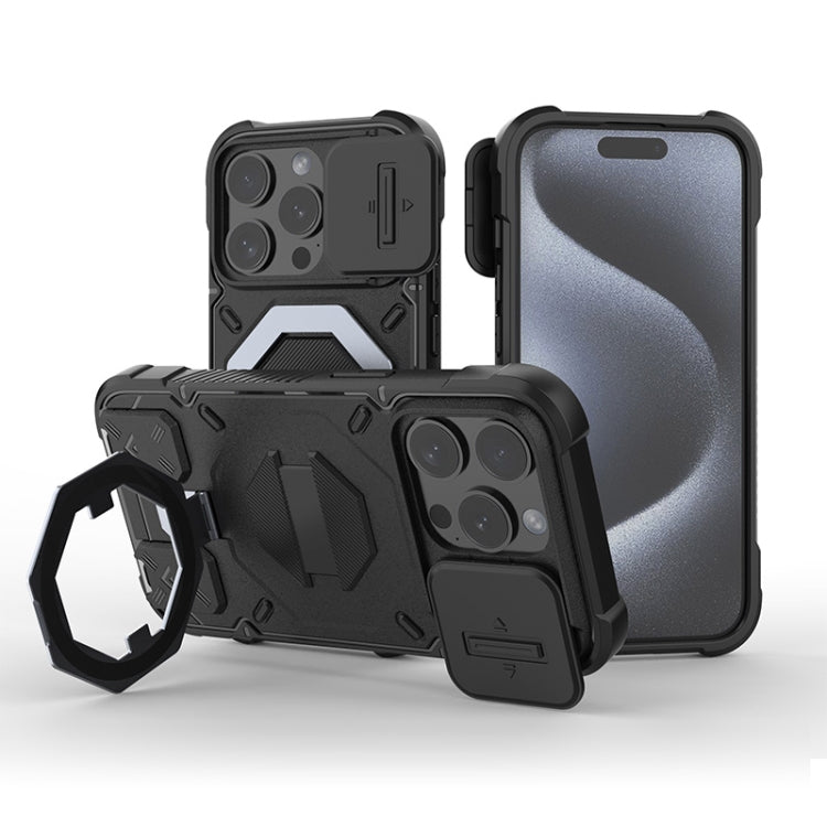 For iPhone 15 Pro Camera Shield Armor MagSafe Holder Phone Case with Strap(Black) - iPhone 15 Pro Cases by buy2fix | Online Shopping UK | buy2fix