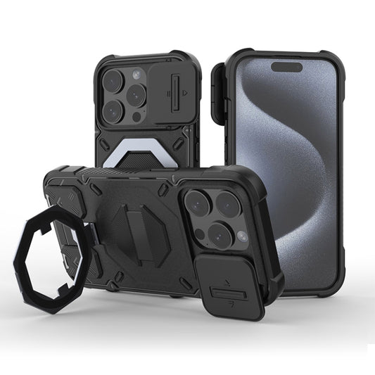 For iPhone 15 Pro Camera Shield Armor MagSafe Holder Phone Case with Strap(Black) - iPhone 15 Pro Cases by buy2fix | Online Shopping UK | buy2fix
