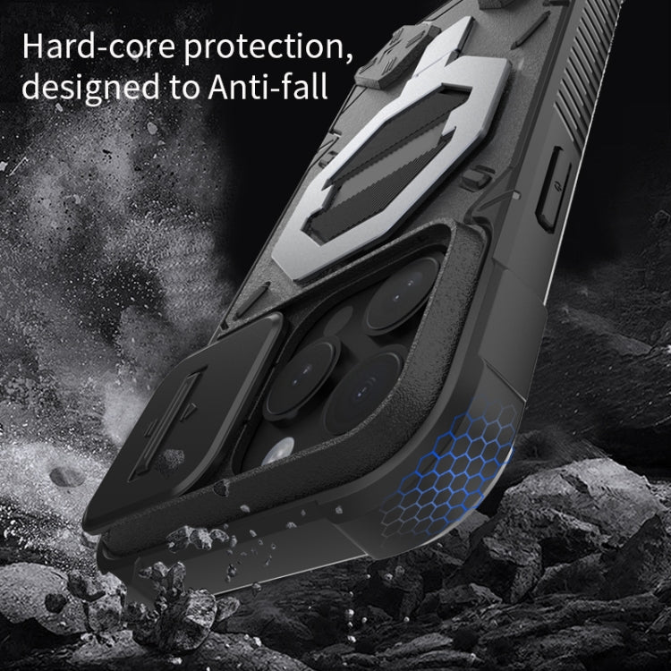 For iPhone 15 Pro Camera Shield Armor MagSafe Holder Phone Case with Strap(Sapphire Blue) - iPhone 15 Pro Cases by buy2fix | Online Shopping UK | buy2fix