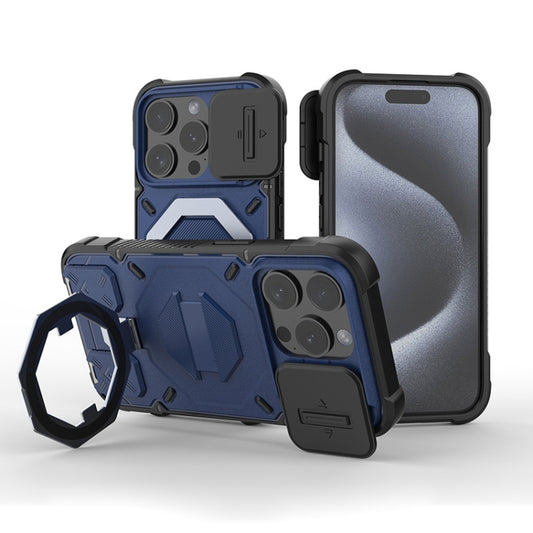 For iPhone 13 Pro Max Camera Shield Armor MagSafe Holder Phone Case with Strap(Sapphire Blue) by buy2fix