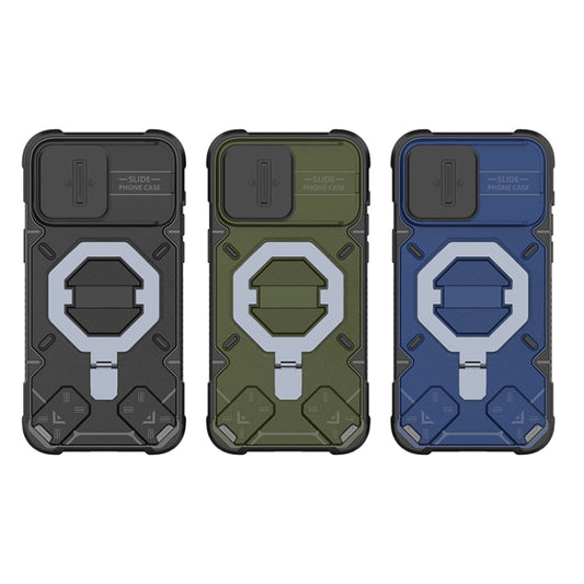 For iPhone 13 Pro Max Camera Shield Armor MagSafe Holder Phone Case with Strap(Sapphire Blue) by buy2fix