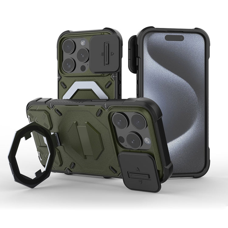 For iPhone 13 Pro Max Camera Shield Armor MagSafe Holder Phone Case with Strap(Dark Green) by buy2fix