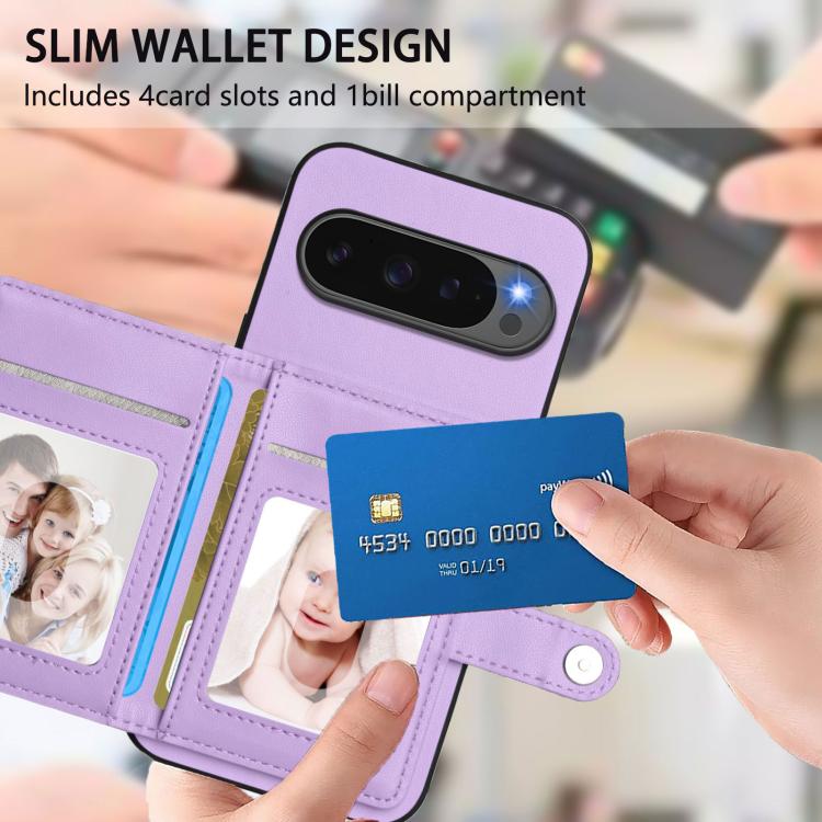 For Google Pixel 10 Pro XL Button Card Bag RFID Anti-theft Phone Case(Purple) - Google Cases by buy2fix | Online Shopping UK | buy2fix