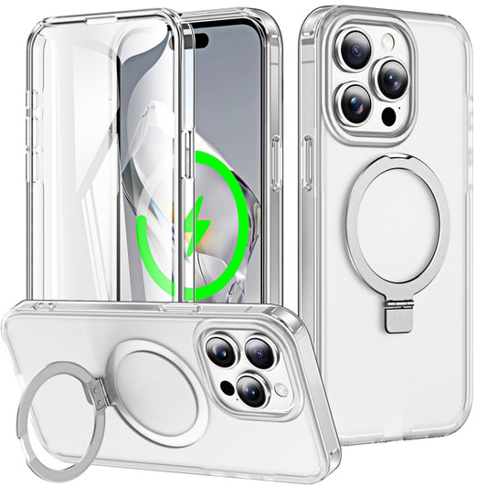 For iPhone 15 Pro Max Frosted Skin Feel MagSafe Holder 360 Full Body Phone Case(Transparent) - iPhone 15 Pro Max Cases by buy2fix | Online Shopping UK | buy2fix