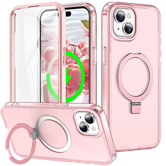 For iPhone 15 Frosted Skin Feel MagSafe Holder 360 Full Body Phone Case(Pink) - iPhone 15 Cases by buy2fix | Online Shopping UK | buy2fix