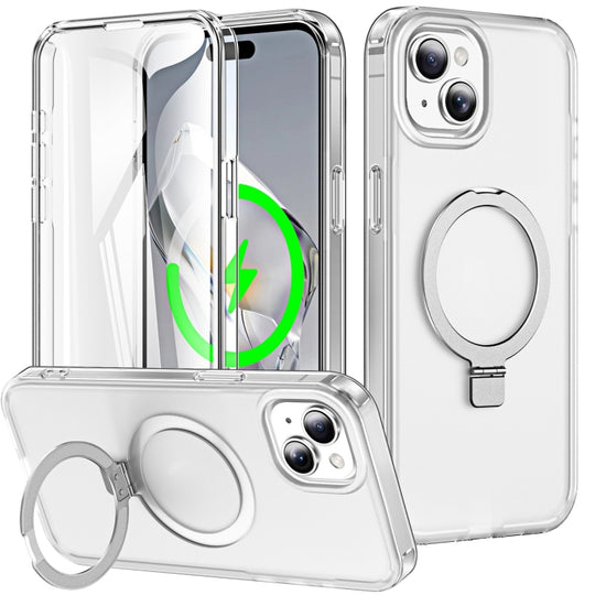 For iPhone 15 Frosted Skin Feel MagSafe Holder 360 Full Body Phone Case(Transparent)