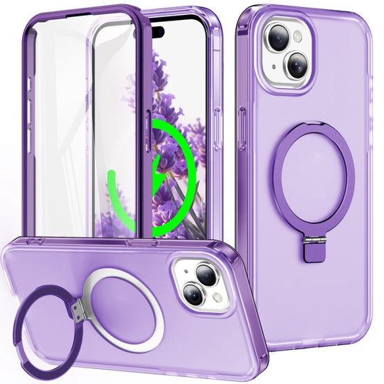 For iPhone 15 Frosted Skin Feel MagSafe Holder 360 Full Body Phone Case(Purple)