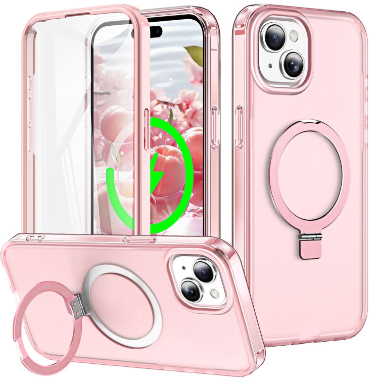 For iPhone 14 Frosted Skin Feel MagSafe Holder 360 Full Body Phone Case(Pink) - iPhone 14 Cases by buy2fix | Online Shopping UK | buy2fix