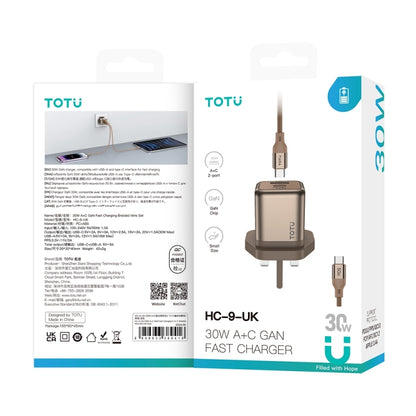 TOTUDESIGN HC-9 30W USB-A to Type-C GaN Fast Charger, Plug:UK Plug with Type-C to 8 Pin Cable(Gold) - USB Charger by TOTUDESIGN | Online Shopping UK | buy2fix