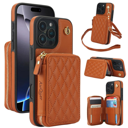 For iPhone 16 Pro Max AwQuer Crossbody Zipper Wallet Rhombic Leather Back Phone Case(Brown)