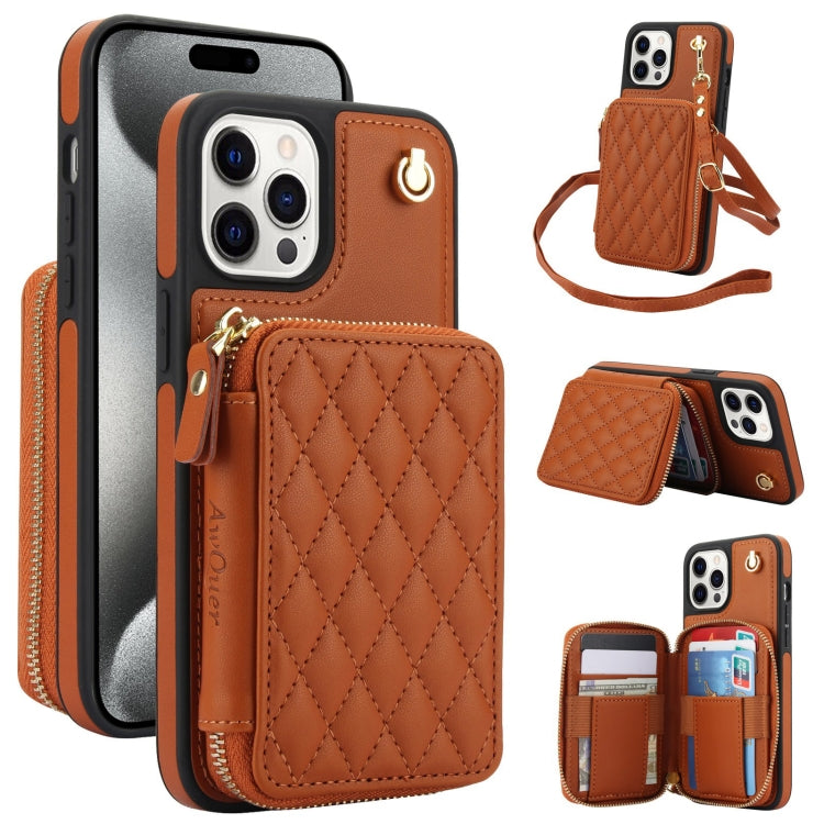 For iPhone 15 Pro Max AwQuer Crossbody Zipper Wallet Rhombic Leather Back Phone Case(Brown) - iPhone 15 Pro Max Cases by Awquer | Online Shopping UK | buy2fix