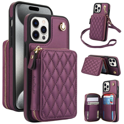 For iPhone 15 Pro AwQuer Crossbody Zipper Wallet Rhombic Leather Back Phone Case(Dark Purple) - iPhone 15 Pro Cases by Awquer | Online Shopping UK | buy2fix