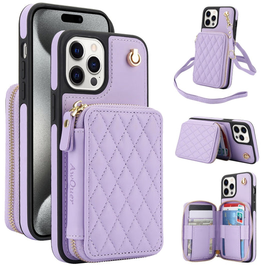 For iPhone 15 Pro AwQuer Crossbody Zipper Wallet Rhombic Leather Back Phone Case(Purple) - iPhone 15 Pro Cases by Awquer | Online Shopping UK | buy2fix