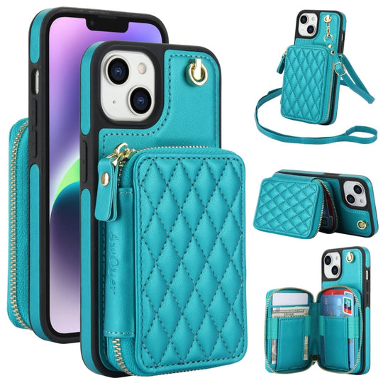 For iPhone 15 Plus AwQuer Crossbody Zipper Wallet Rhombic Leather Back Phone Case(Green)