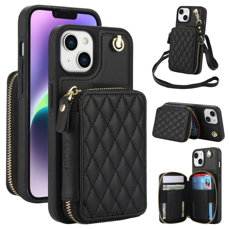 For iPhone 14 Plus AwQuer Crossbody Zipper Wallet Rhombic Leather Back Phone Case(Black) - iPhone 14 Plus Cases by Awquer | Online Shopping UK | buy2fix