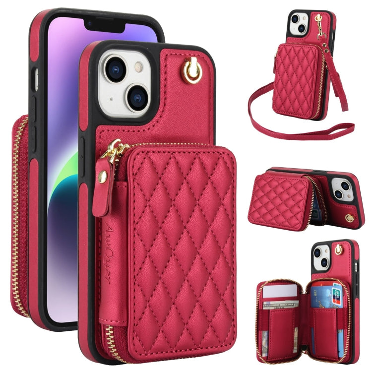 For iPhone 14 Plus AwQuer Crossbody Zipper Wallet Rhombic Leather Back Phone Case(Red) - iPhone 14 Plus Cases by Awquer | Online Shopping UK | buy2fix