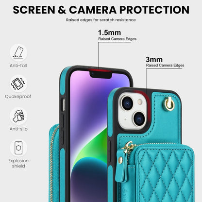 For iPhone 14 Plus AwQuer Crossbody Zipper Wallet Rhombic Leather Back Phone Case(Green) - iPhone 14 Plus Cases by Awquer | Online Shopping UK | buy2fix
