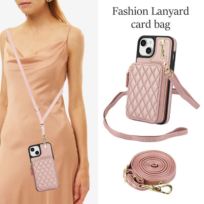 For iPhone 14 Plus AwQuer Crossbody Zipper Wallet Rhombic Leather Back Phone Case(Rose Gold) - iPhone 14 Plus Cases by Awquer | Online Shopping UK | buy2fix