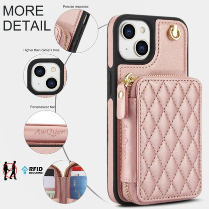 For iPhone 14 Plus AwQuer Crossbody Zipper Wallet Rhombic Leather Back Phone Case(Rose Gold) - iPhone 14 Plus Cases by Awquer | Online Shopping UK | buy2fix