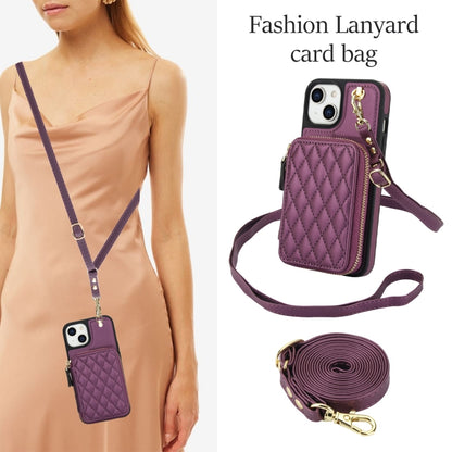 For iPhone 14 Plus AwQuer Crossbody Zipper Wallet Rhombic Leather Back Phone Case(Dark Purple) - iPhone 14 Plus Cases by Awquer | Online Shopping UK | buy2fix