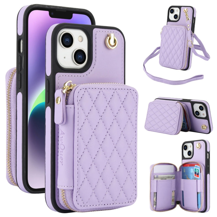 For iPhone 14 Plus AwQuer Crossbody Zipper Wallet Rhombic Leather Back Phone Case(Purple) - iPhone 14 Plus Cases by Awquer | Online Shopping UK | buy2fix