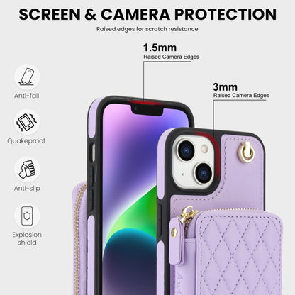 For iPhone 14 Plus AwQuer Crossbody Zipper Wallet Rhombic Leather Back Phone Case(Purple) - iPhone 14 Plus Cases by Awquer | Online Shopping UK | buy2fix