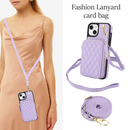 For iPhone 14 Plus AwQuer Crossbody Zipper Wallet Rhombic Leather Back Phone Case(Purple) - iPhone 14 Plus Cases by Awquer | Online Shopping UK | buy2fix