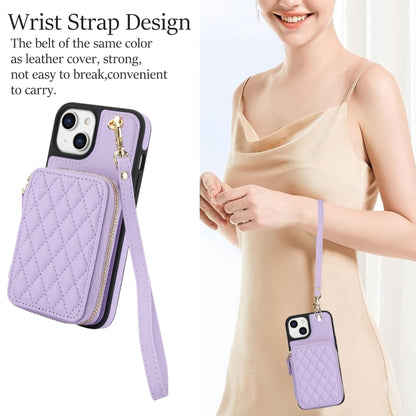 For iPhone 14 Plus AwQuer Crossbody Zipper Wallet Rhombic Leather Back Phone Case(Purple) - iPhone 14 Plus Cases by Awquer | Online Shopping UK | buy2fix