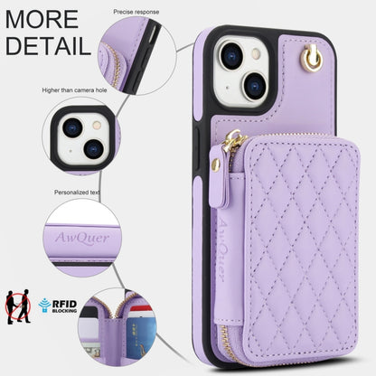 For iPhone 14 Plus AwQuer Crossbody Zipper Wallet Rhombic Leather Back Phone Case(Purple) - iPhone 14 Plus Cases by Awquer | Online Shopping UK | buy2fix