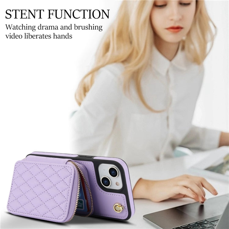 For iPhone 14 Plus AwQuer Crossbody Zipper Wallet Rhombic Leather Back Phone Case(Purple) - iPhone 14 Plus Cases by Awquer | Online Shopping UK | buy2fix