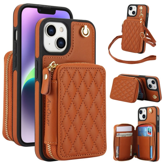 For iPhone 14 Plus AwQuer Crossbody Zipper Wallet Rhombic Leather Back Phone Case(Brown) - iPhone 14 Plus Cases by Awquer | Online Shopping UK | buy2fix