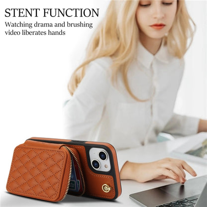 For iPhone 14 Plus AwQuer Crossbody Zipper Wallet Rhombic Leather Back Phone Case(Brown) - iPhone 14 Plus Cases by Awquer | Online Shopping UK | buy2fix