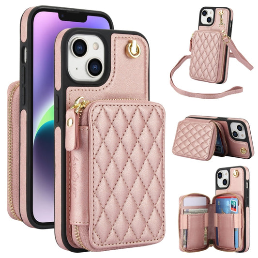 For iPhone 14 / 13 AwQuer Crossbody Zipper Wallet Rhombic Leather Back Phone Case(Rose Gold) - iPhone 14 Cases by Awquer | Online Shopping UK | buy2fix