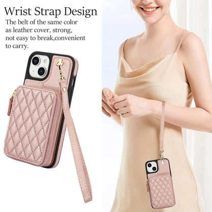 For iPhone 14 / 13 AwQuer Crossbody Zipper Wallet Rhombic Leather Back Phone Case(Rose Gold) - iPhone 14 Cases by Awquer | Online Shopping UK | buy2fix