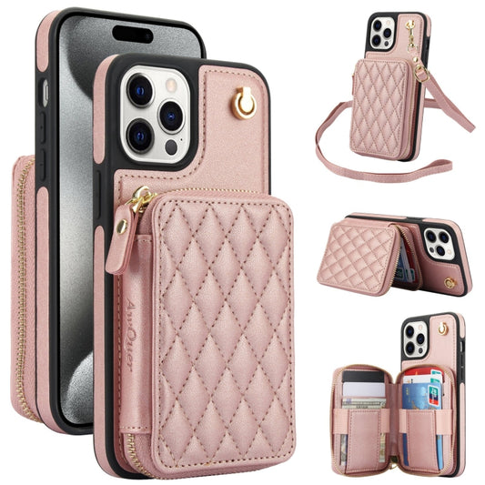 For iPhone 14 Pro AwQuer Crossbody Zipper Wallet Rhombic Leather Back Phone Case(Rose Gold) - iPhone 14 Pro Cases by Awquer | Online Shopping UK | buy2fix