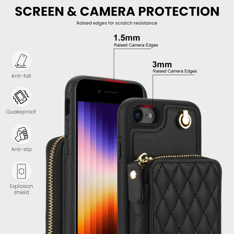 For iPhone 7 / 8 / SE 2022 AwQuer Crossbody Zipper Wallet Rhombic Leather Back Phone Case(Black) - iPhone SE 2022 / 2020 / 8 / 7 Cases by Awquer | Online Shopping UK | buy2fix