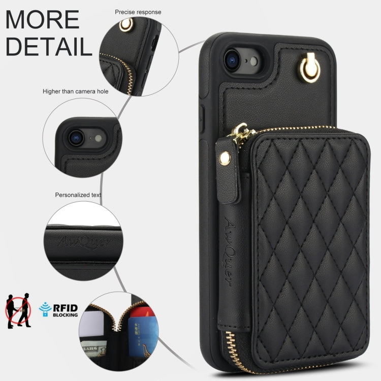 For iPhone 7 / 8 / SE 2022 AwQuer Crossbody Zipper Wallet Rhombic Leather Back Phone Case(Black) - iPhone SE 2022 / 2020 / 8 / 7 Cases by Awquer | Online Shopping UK | buy2fix