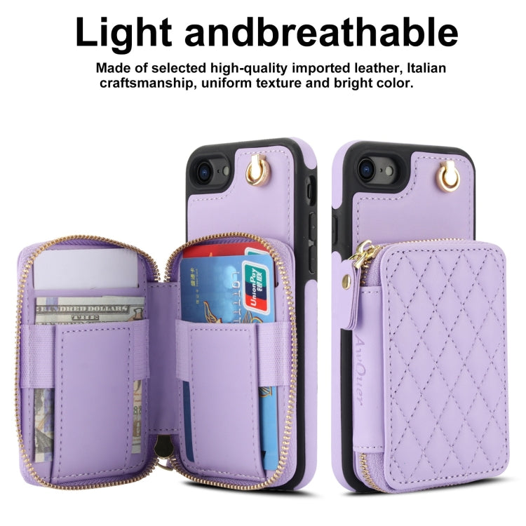 For iPhone 7 / 8 / SE 2022 AwQuer Crossbody Zipper Wallet Rhombic Leather Back Phone Case(Purple) - iPhone SE 2022 / 2020 / 8 / 7 Cases by Awquer | Online Shopping UK | buy2fix