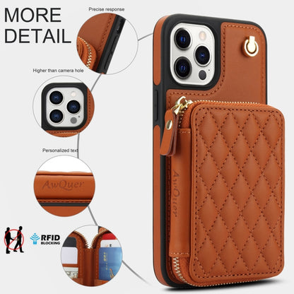 For iPhone 13 Pro Max AwQuer Crossbody Zipper Wallet Rhombic Leather Back Phone Case(Brown) - iPhone 13 Pro Max Cases by Awquer | Online Shopping UK | buy2fix