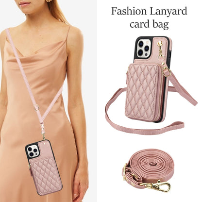 For iPhone 13 Pro AwQuer Crossbody Zipper Wallet Rhombic Leather Back Phone Case(Rose Gold) - iPhone 13 Pro Cases by Awquer | Online Shopping UK | buy2fix