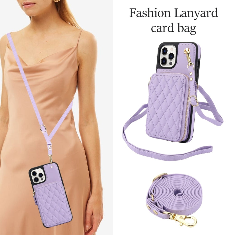 For iPhone 13 Pro AwQuer Crossbody Zipper Wallet Rhombic Leather Back Phone Case(Purple) - iPhone 13 Pro Cases by Awquer | Online Shopping UK | buy2fix