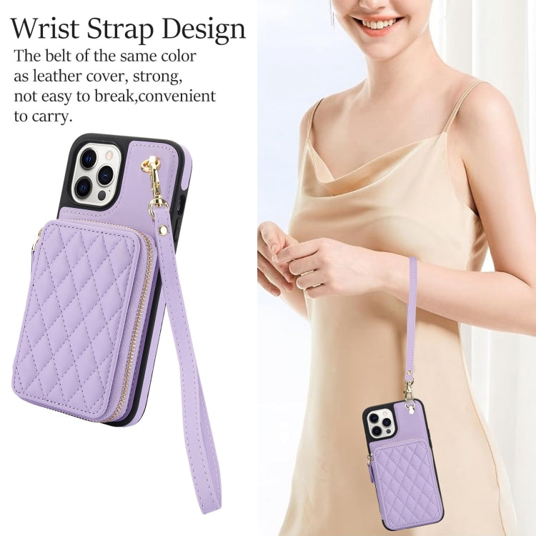 For iPhone 13 Pro AwQuer Crossbody Zipper Wallet Rhombic Leather Back Phone Case(Purple) - iPhone 13 Pro Cases by Awquer | Online Shopping UK | buy2fix